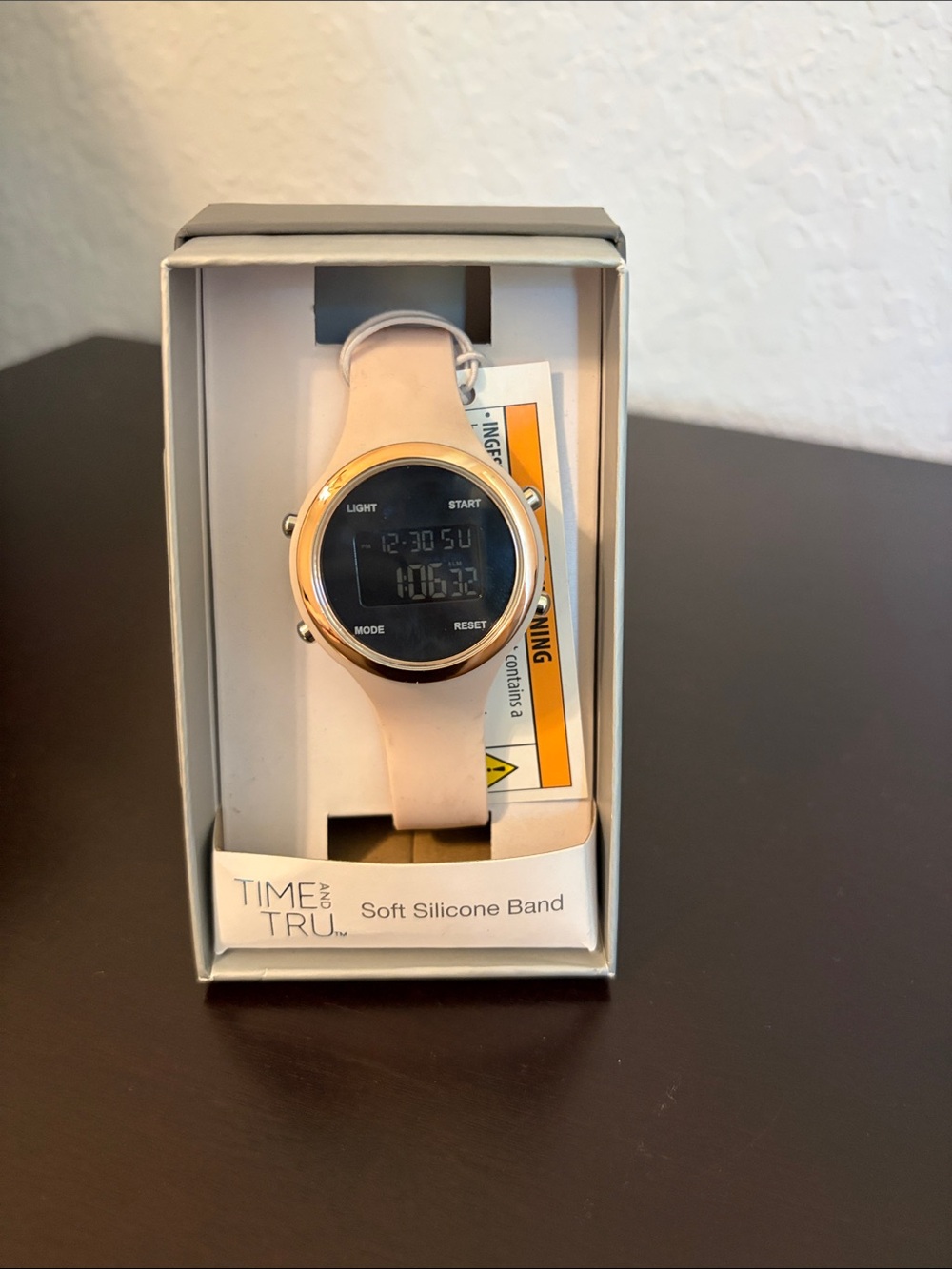 Time and Tru Light Pink Silicone Digital Watch with Gold-Tone Bezel